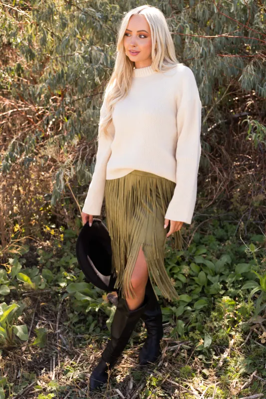 Olive Suede Tiered Fringe Skirt sold by Lime Lush