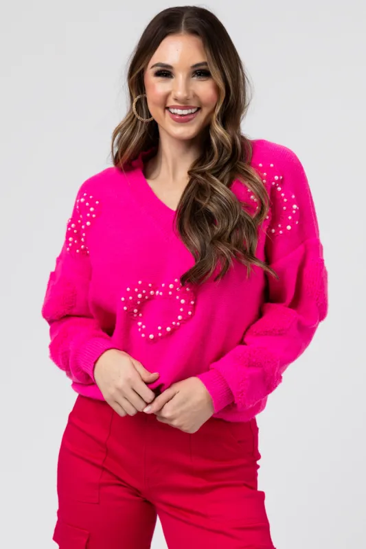 Magenta Pearl Embellished Heart Texture Sweater sold by Lime Lush