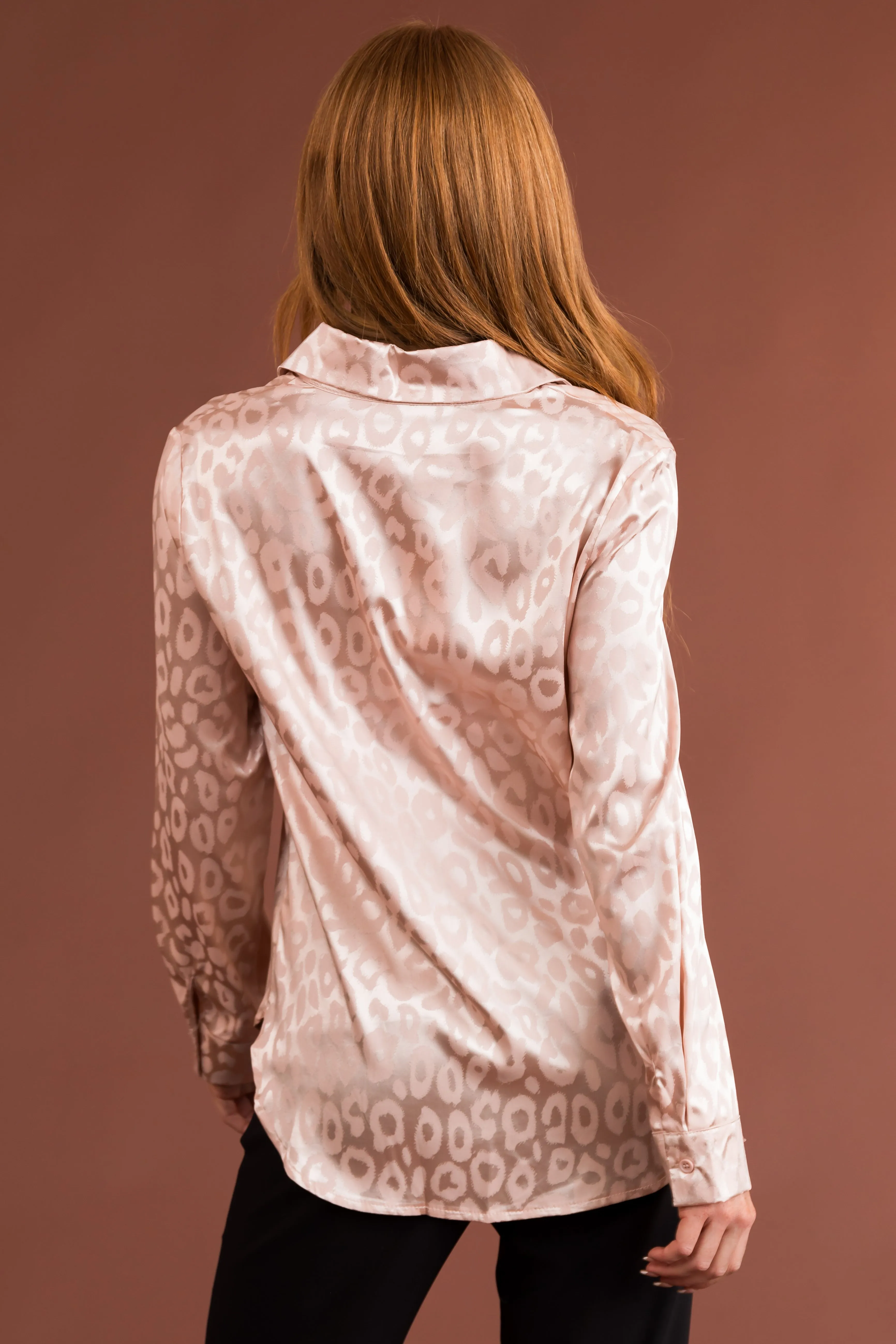 Peach Leopard Jacquard Button Up Satin Blouse sold by Lime Lush product image thumbnail 5