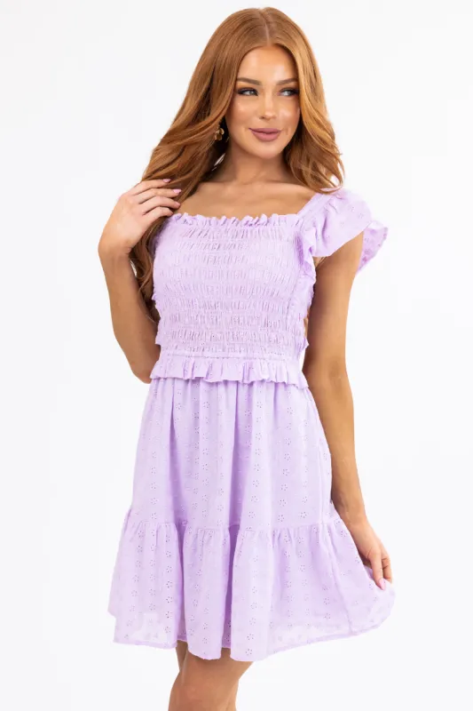Light Iris Smocked Top Back Cut Out Mini Dress sold by Lime Lush