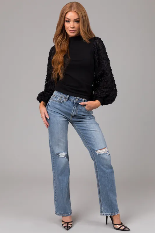 Eunina Medium Wash High Rise Straight Leg Distressed Jeans sold by Lime Lush