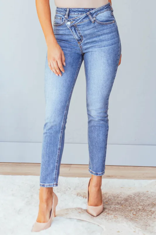 Sneak Peek Medium Wash High Rise Skinny Jeans with Crossover Fly sold by Lime Lush