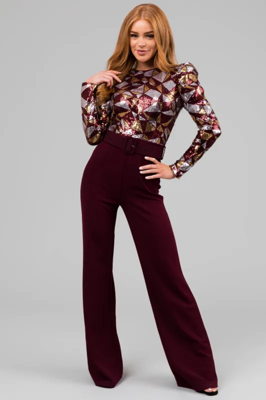 Wine Abstract Sequin Print Wide Leg Jumpsuit sold by Lime Lush