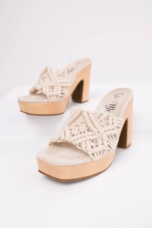 Ivory Crochet Strap Faux Wood Heels sold by Lime Lush