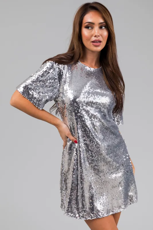 Silver Sequin Mini Shift Dress sold by Lime Lush