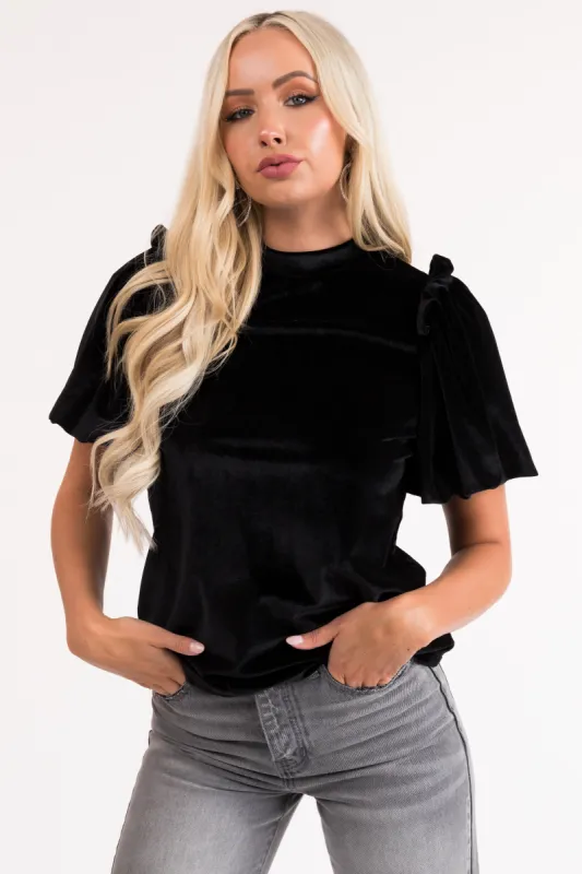 Black Velvet Puff Sleeve Top with Keyhole Back sold by Lime Lush