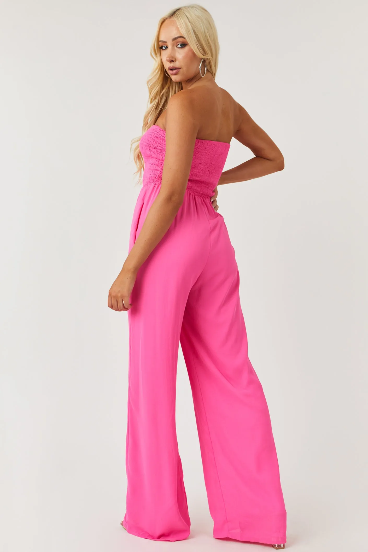 Vibrant Magenta Smocked Strapless Woven Jumpsuit sold by Lime Lush product image thumbnail 4