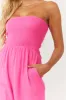 Vibrant Magenta Smocked Strapless Woven Jumpsuit sold by Lime Lush