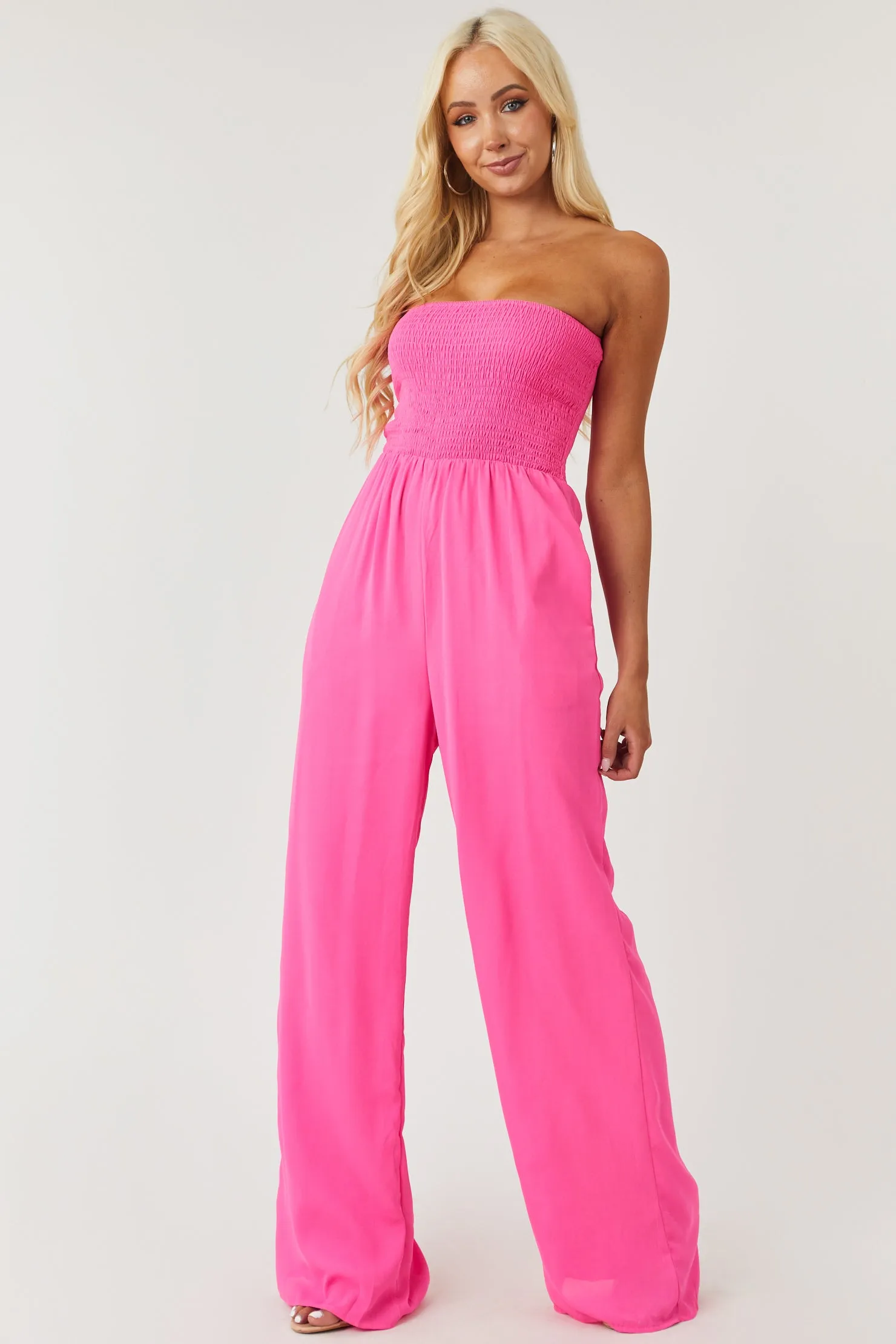 Vibrant Magenta Smocked Strapless Woven Jumpsuit sold by Lime Lush product image thumbnail 2