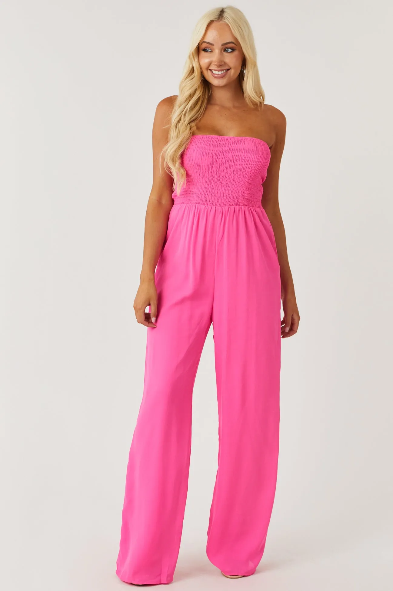 Vibrant Magenta Smocked Strapless Woven Jumpsuit sold by Lime Lush product image thumbnail 3