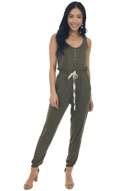 Army Green Sleeveless Elastic Waist Jumpsuit sold by Lime Lush