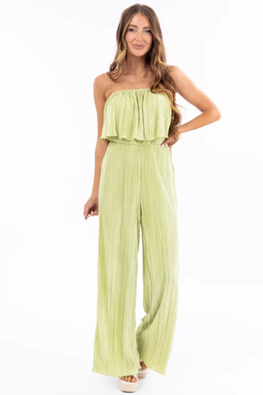 Pistachio Pleated Sleeveless Overlay Jumpsuit sold by Lime Lush