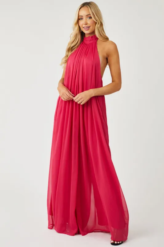 Hot Pink Lined Chiffon Wide Leg Halter Jumpsuit sold by Lime Lush