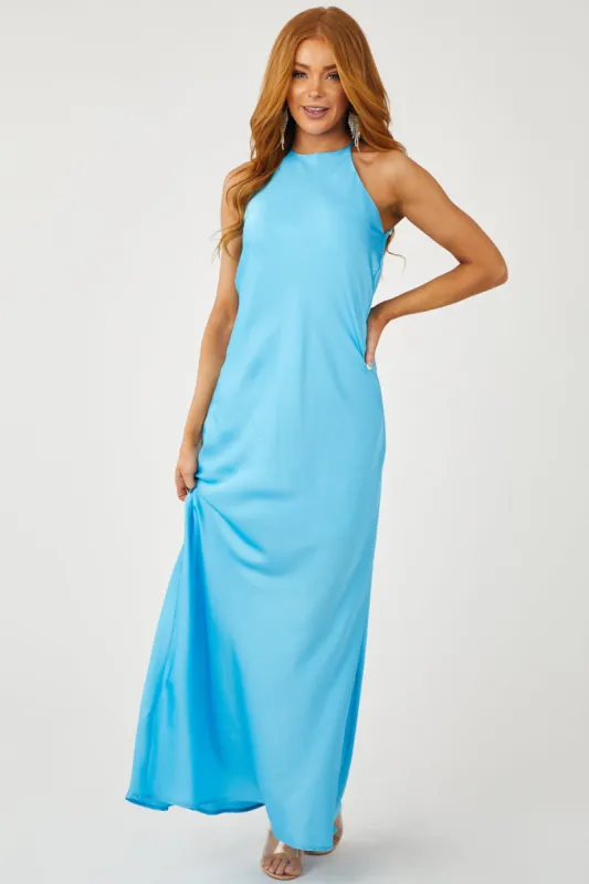She+Sky Azure Satin Halter Neckline Woven Maxi Dress sold by Lime Lush