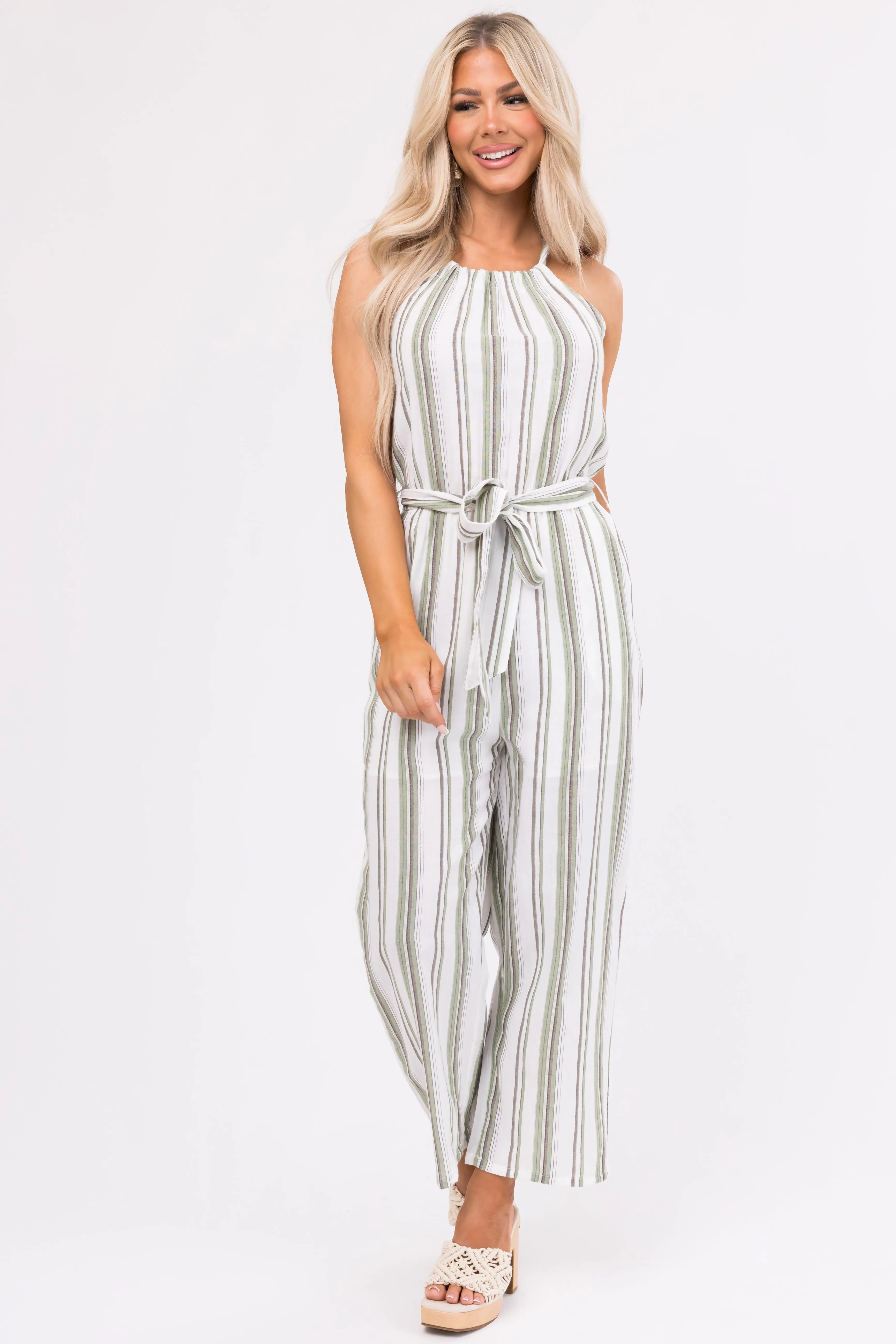 Ivory Striped Sleeveless Waist Tie Jumpsuit sold by Lime Lush product image thumbnail 3