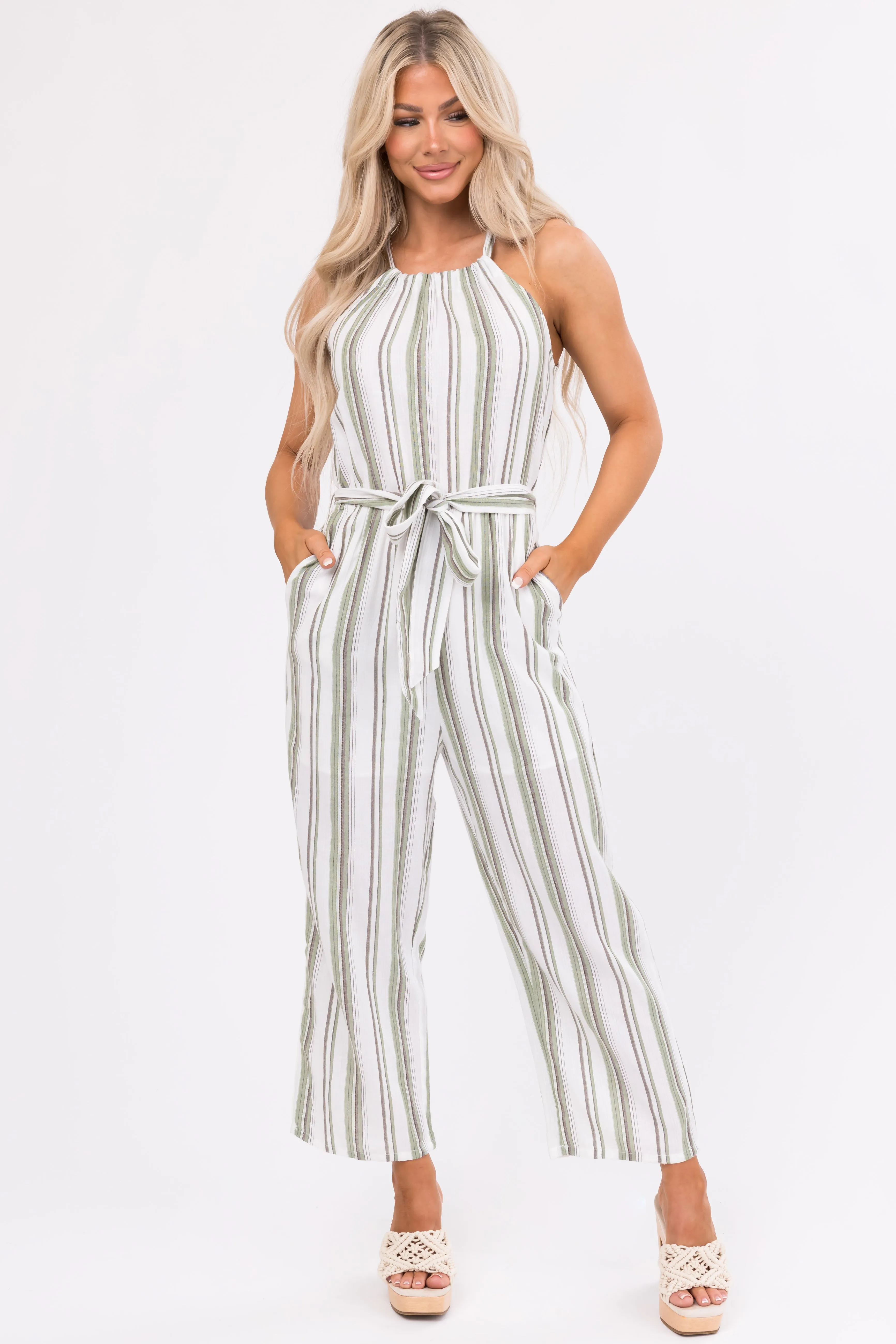 Ivory Striped Sleeveless Waist Tie Jumpsuit sold by Lime Lush