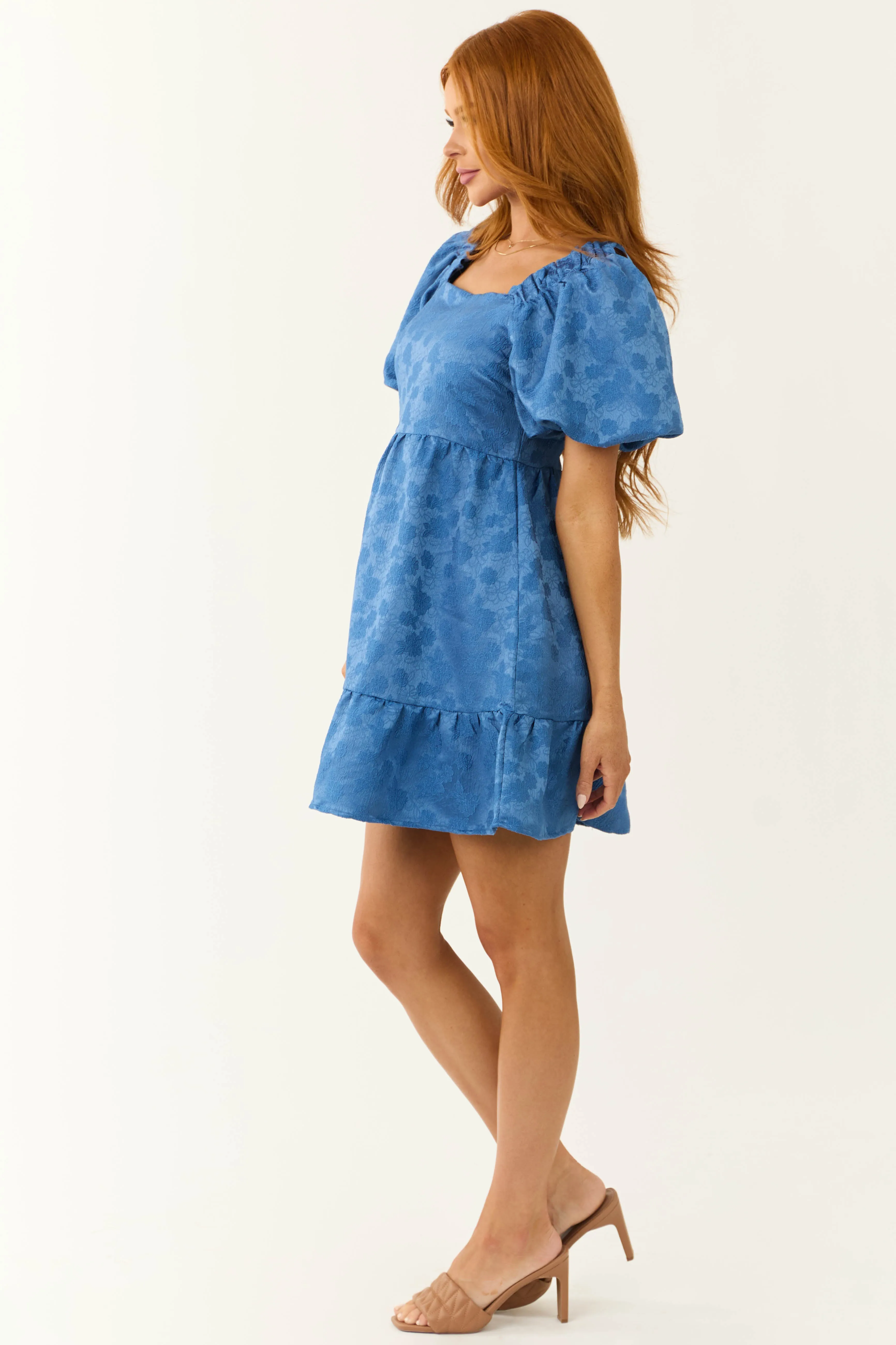 Sapphire Floral Jacquard Puff Sleeve Mini Dress sold by Lime Lush product image thumbnail 4