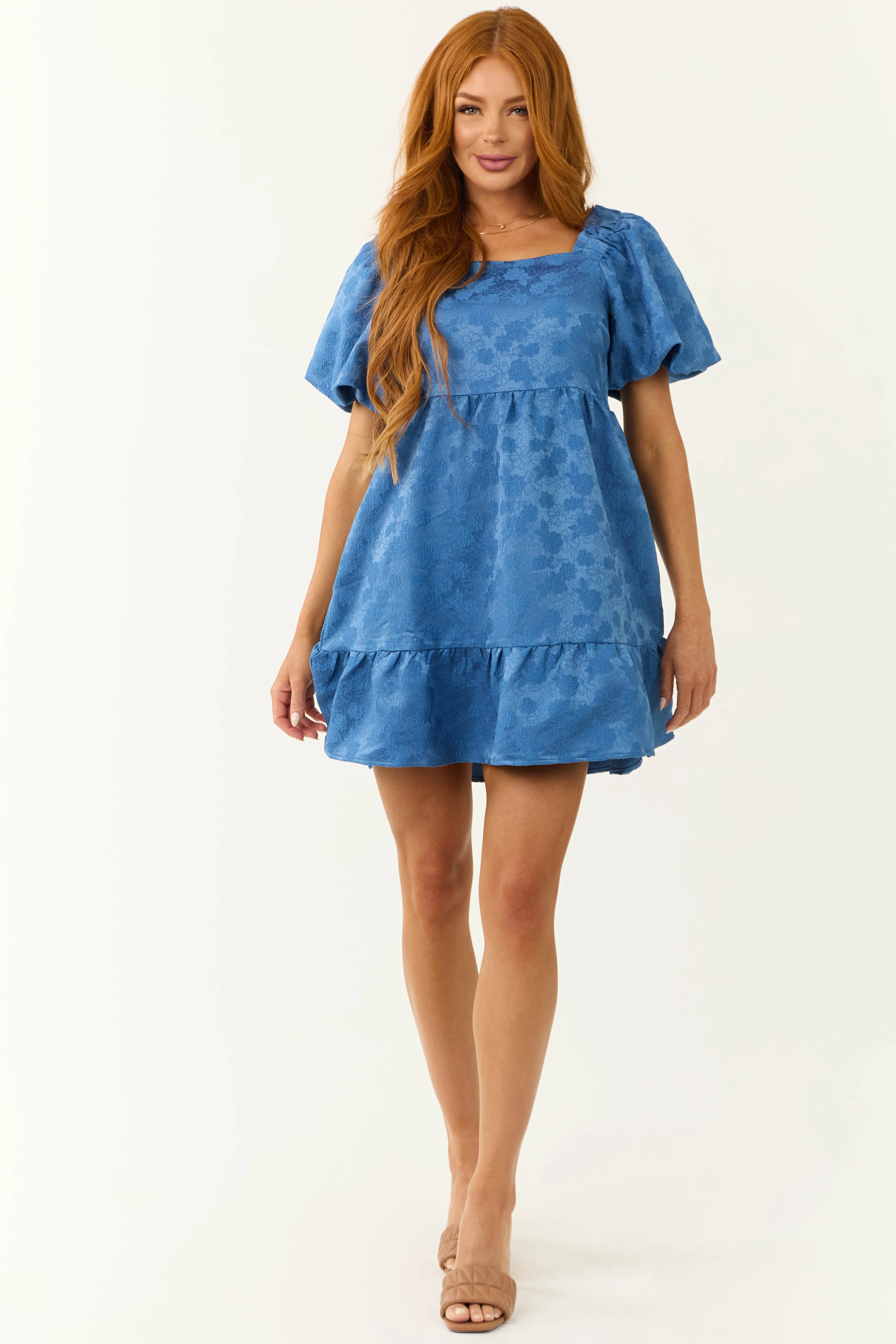 Sapphire Floral Jacquard Puff Sleeve Mini Dress sold by Lime Lush product image thumbnail 3
