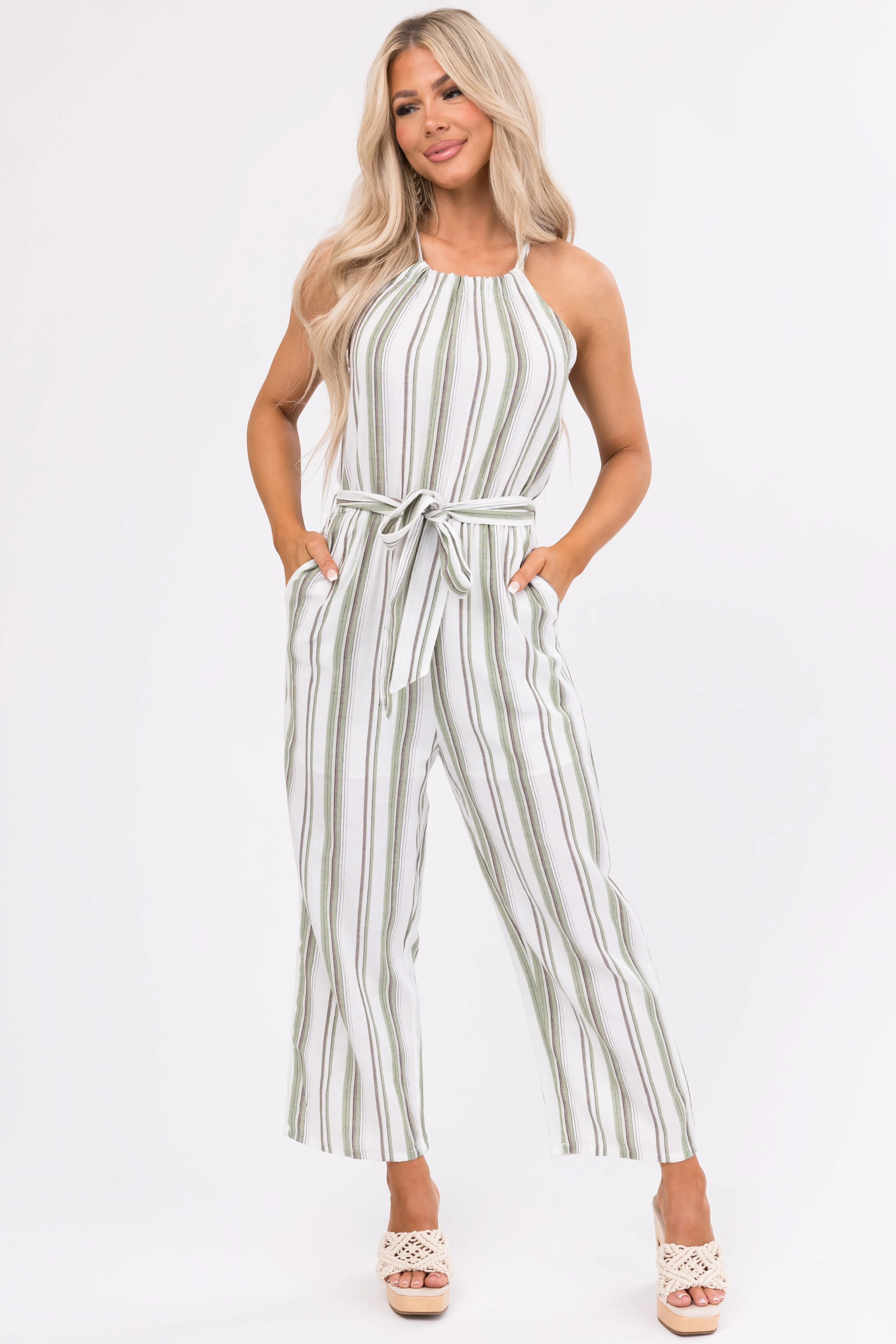 Ivory Striped Sleeveless Waist Tie Jumpsuit sold by Lime Lush product image thumbnail 2
