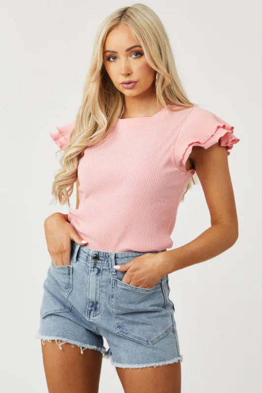 Coral Layered Ruffle Sleeve Ribbed Top sold by Lime Lush
