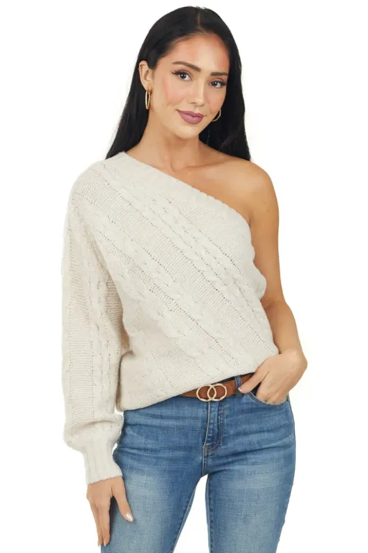 Desert Sand One Shoulder Cable Knit Sweater sold by Lime Lush