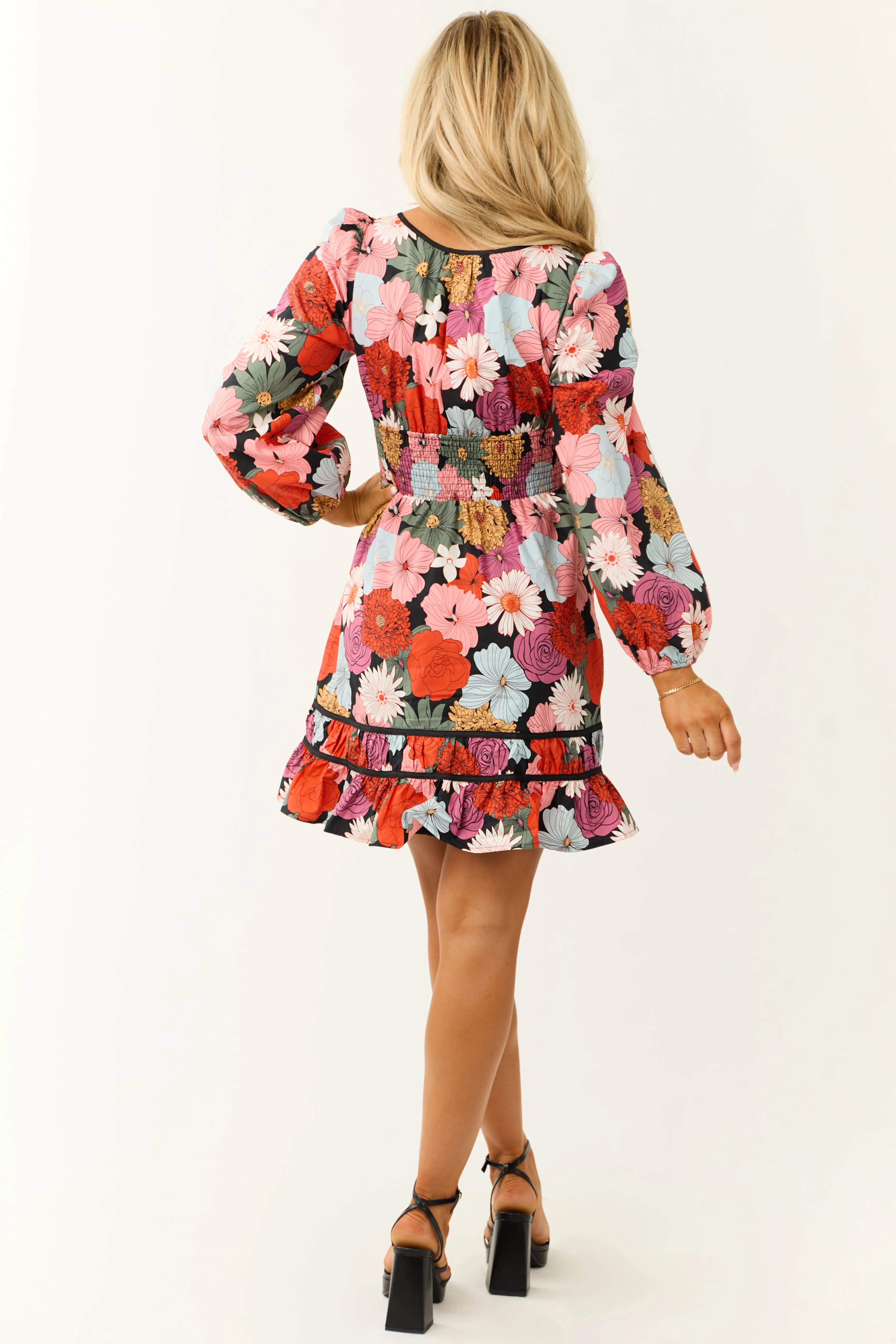 Black Bright Floral Print Long Sleeve Mini Dress sold by Lime Lush product image thumbnail 4