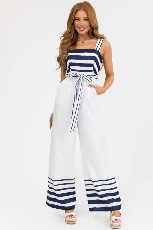 Navy and White Stripe Detail Wide Leg Jumpsuit sold by Lime Lush