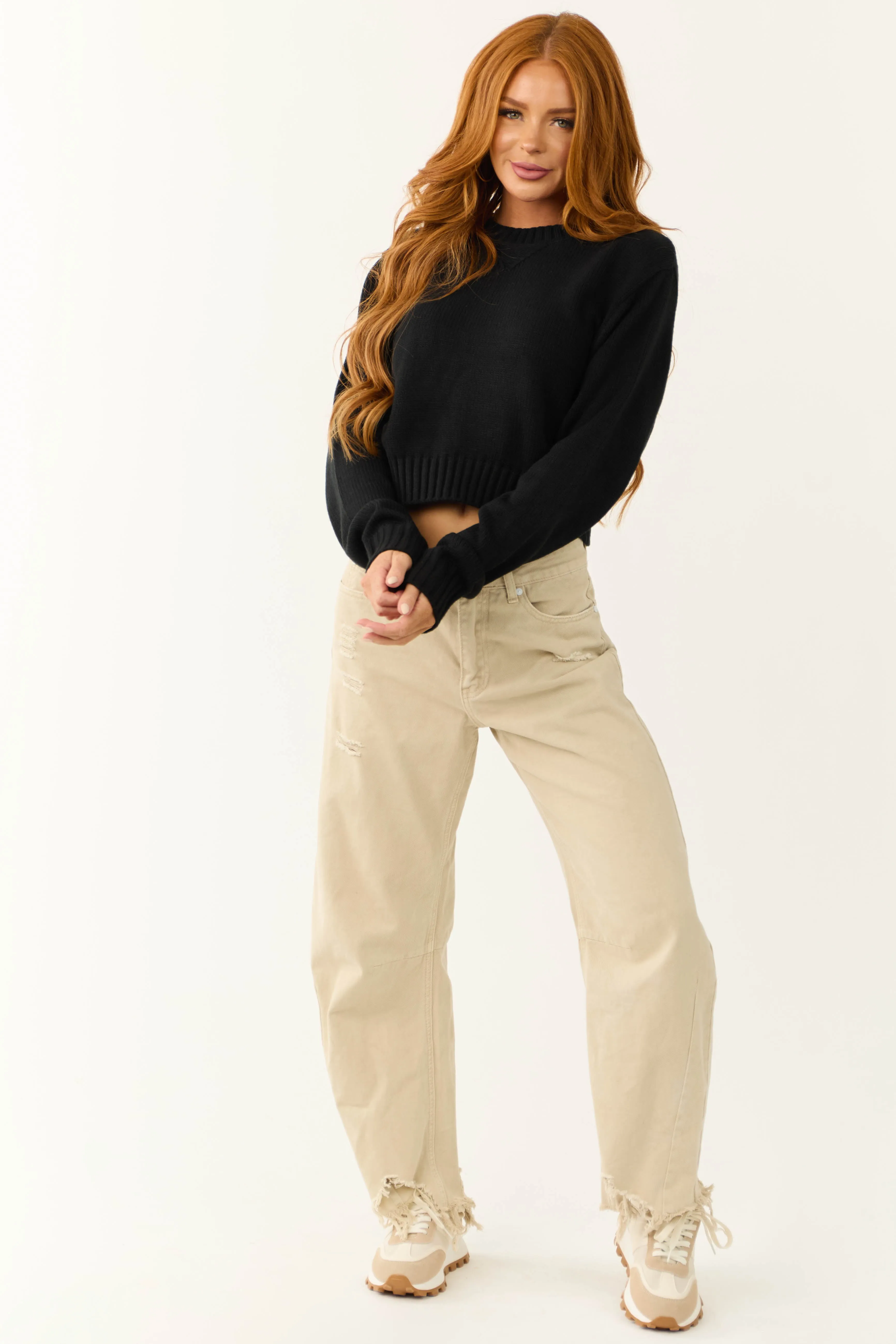 Black Cropped Ribbed Trim Knit Sweater sold by Lime Lush product image thumbnail 3
