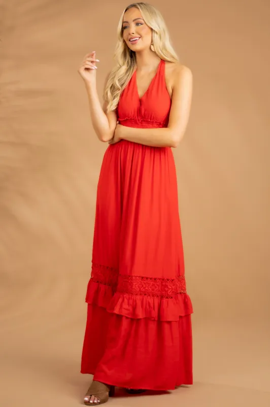 Flying Tomato Lipstick Red Halter Neck Lacey Maxi Dress sold by Lime Lush