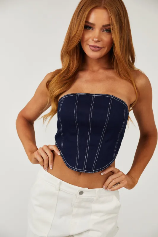 Dark Navy Contrast Stitch Strapless Corset Top sold by Lime Lush