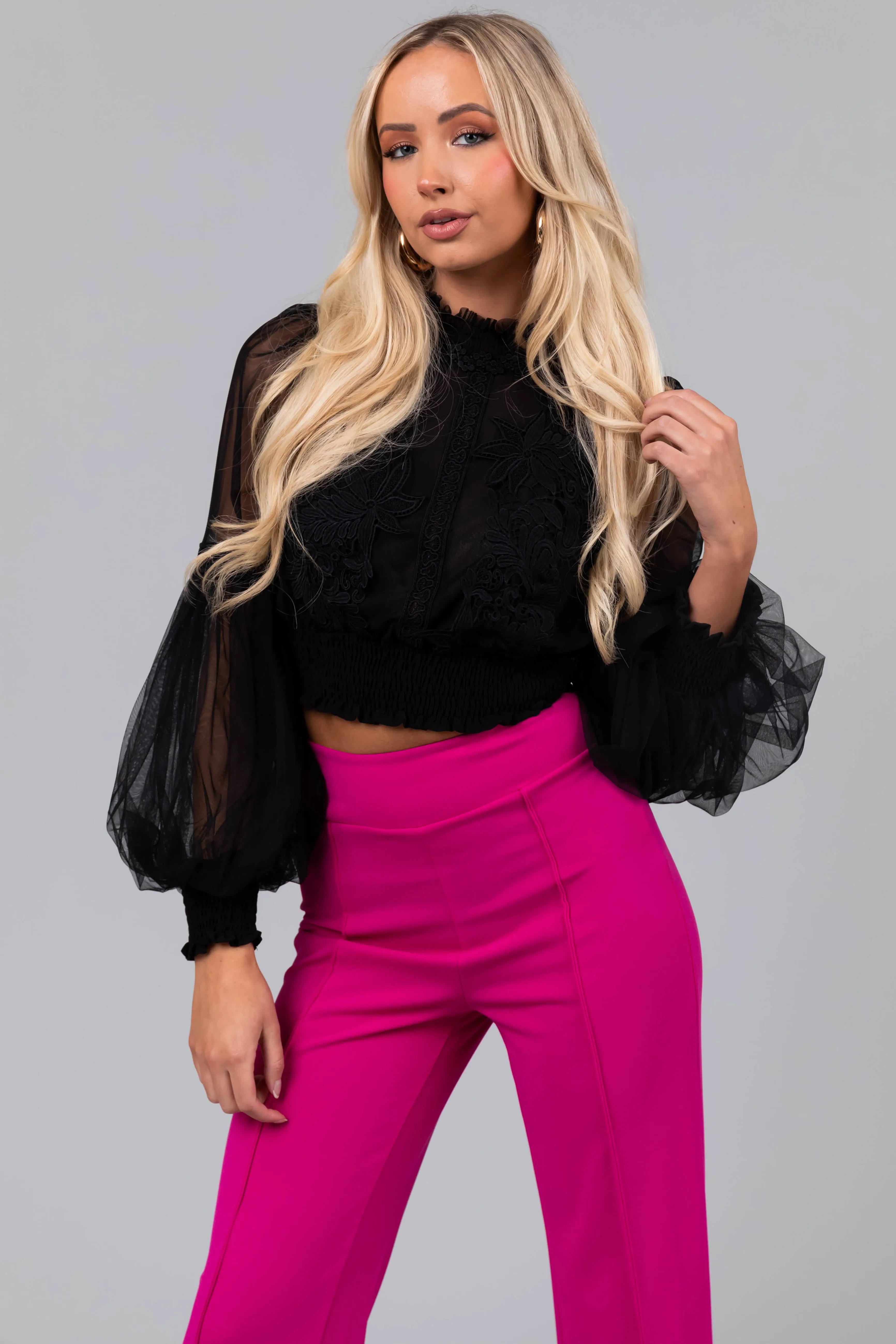 Black Tulle Puff Sleeve Crochet Lace Crop Top sold by Lime Lush product image thumbnail 2
