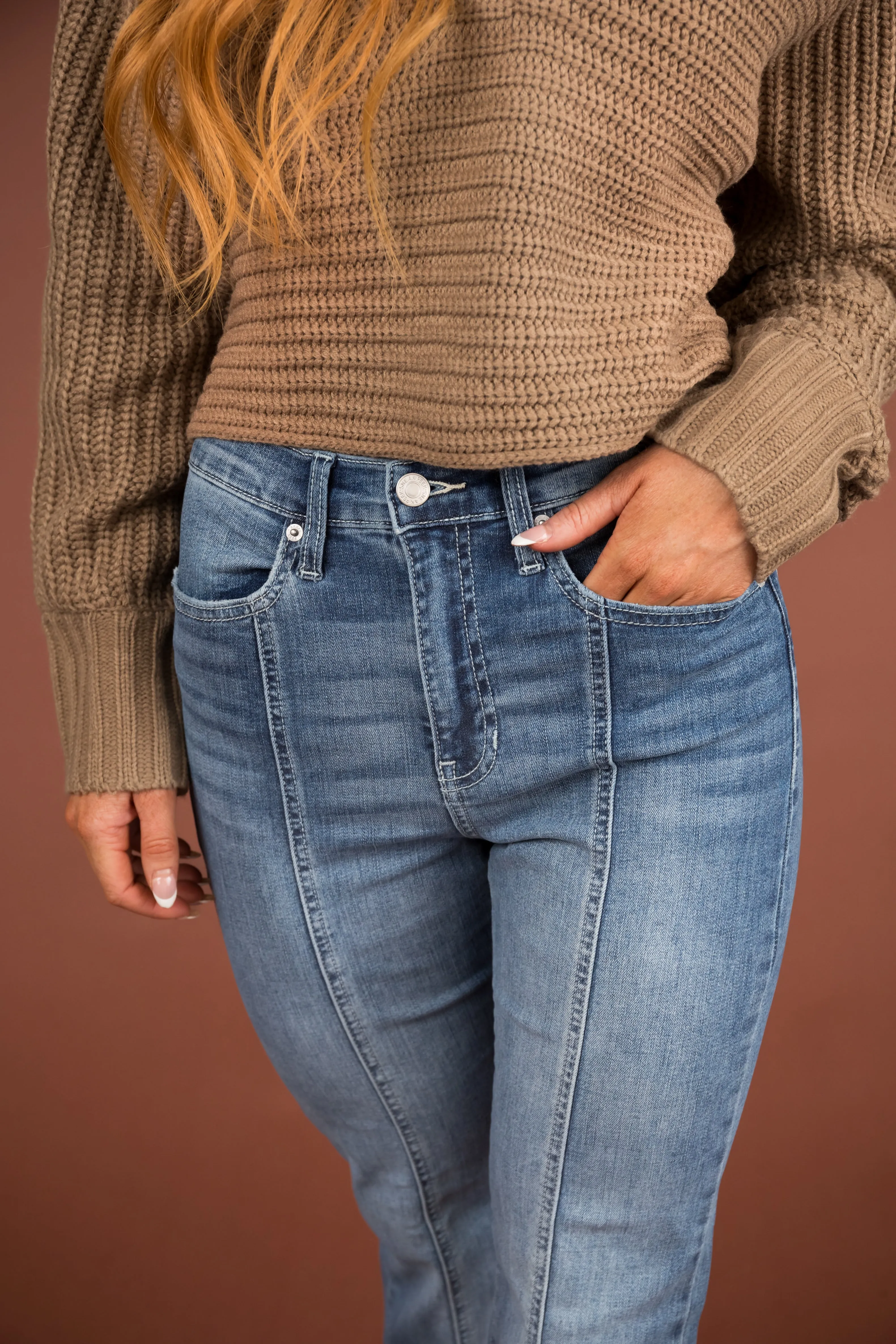 Sneak Peek Light Wash High Rise Flare Leg Raw Hem Jeans sold by Lime Lush product image thumbnail 3