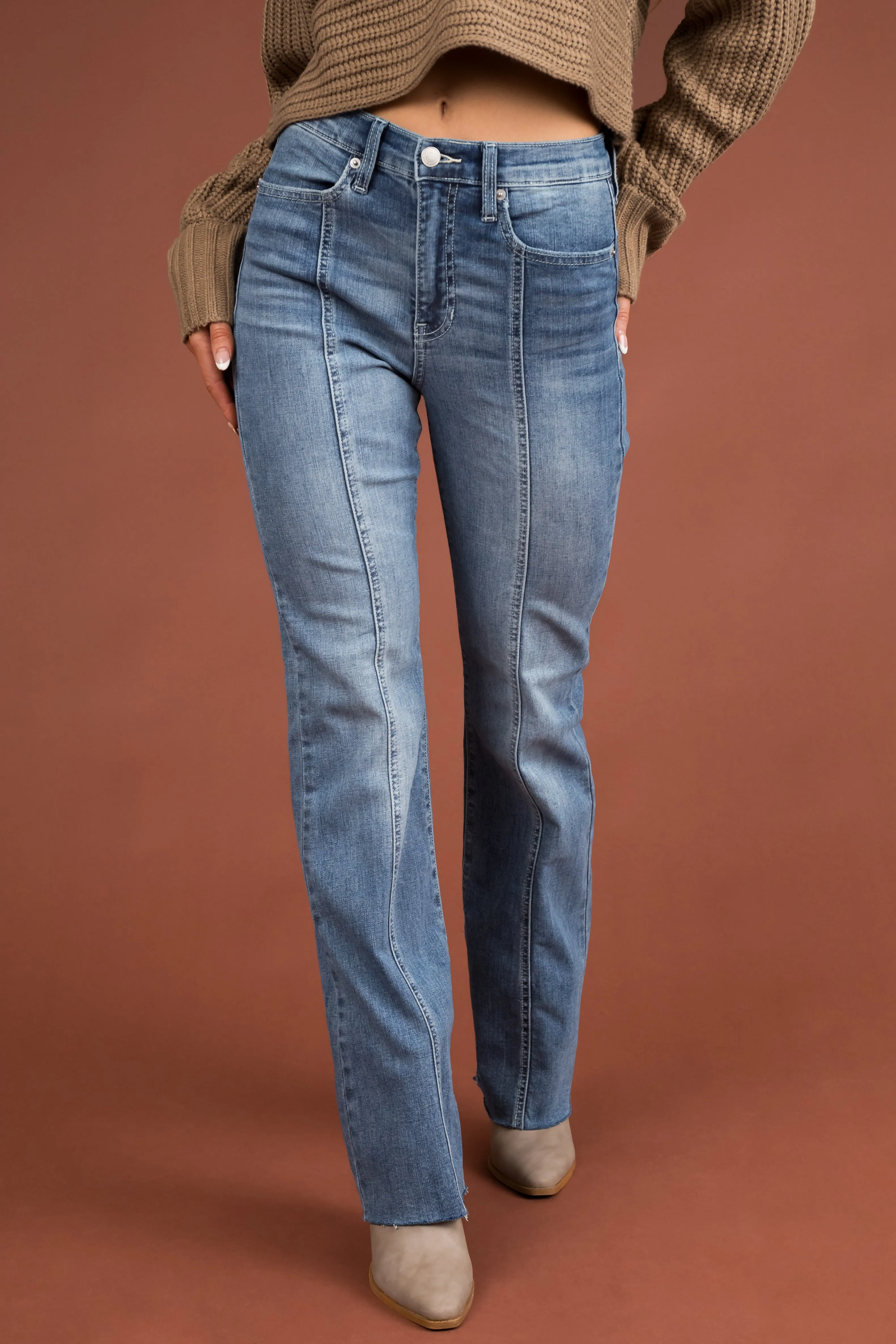 Sneak Peek Light Wash High Rise Flare Leg Raw Hem Jeans sold by Lime Lush product image thumbnail 2