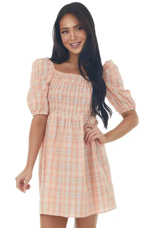 Peach Plaid Smocked 3-4 Puff Sleeve Mini Dress sold by Lime Lush