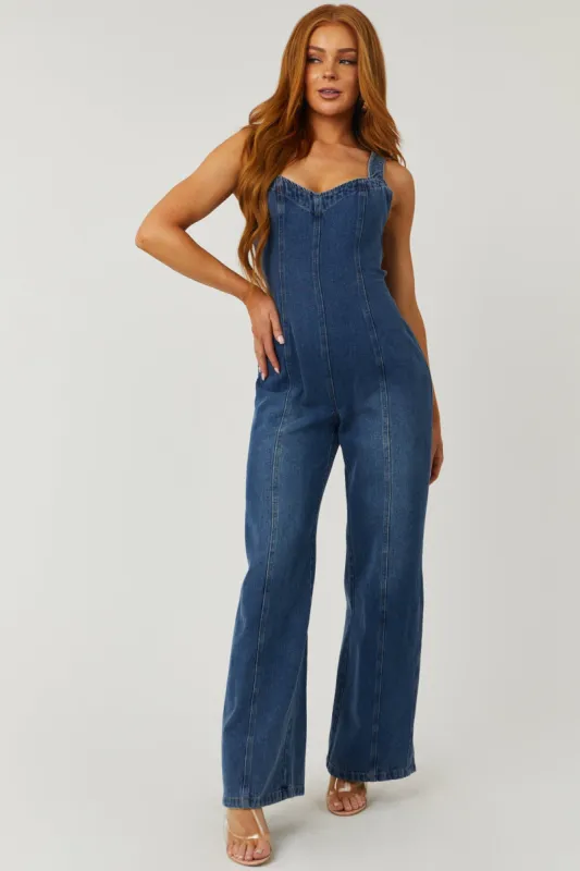 Dark Washed Sleeveless Open Back Denim Jumpsuit sold by Lime Lush