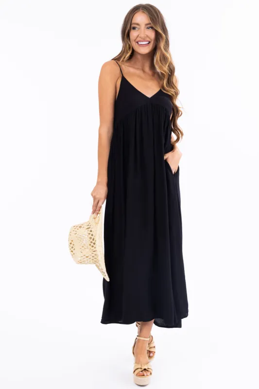 Black Woven Strapless Flowy Midi Dress made by BE COOL