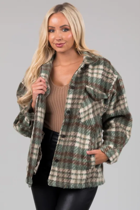 She+Sky Olive Brushed Plaid Button Down Shacket sold by Lime Lush