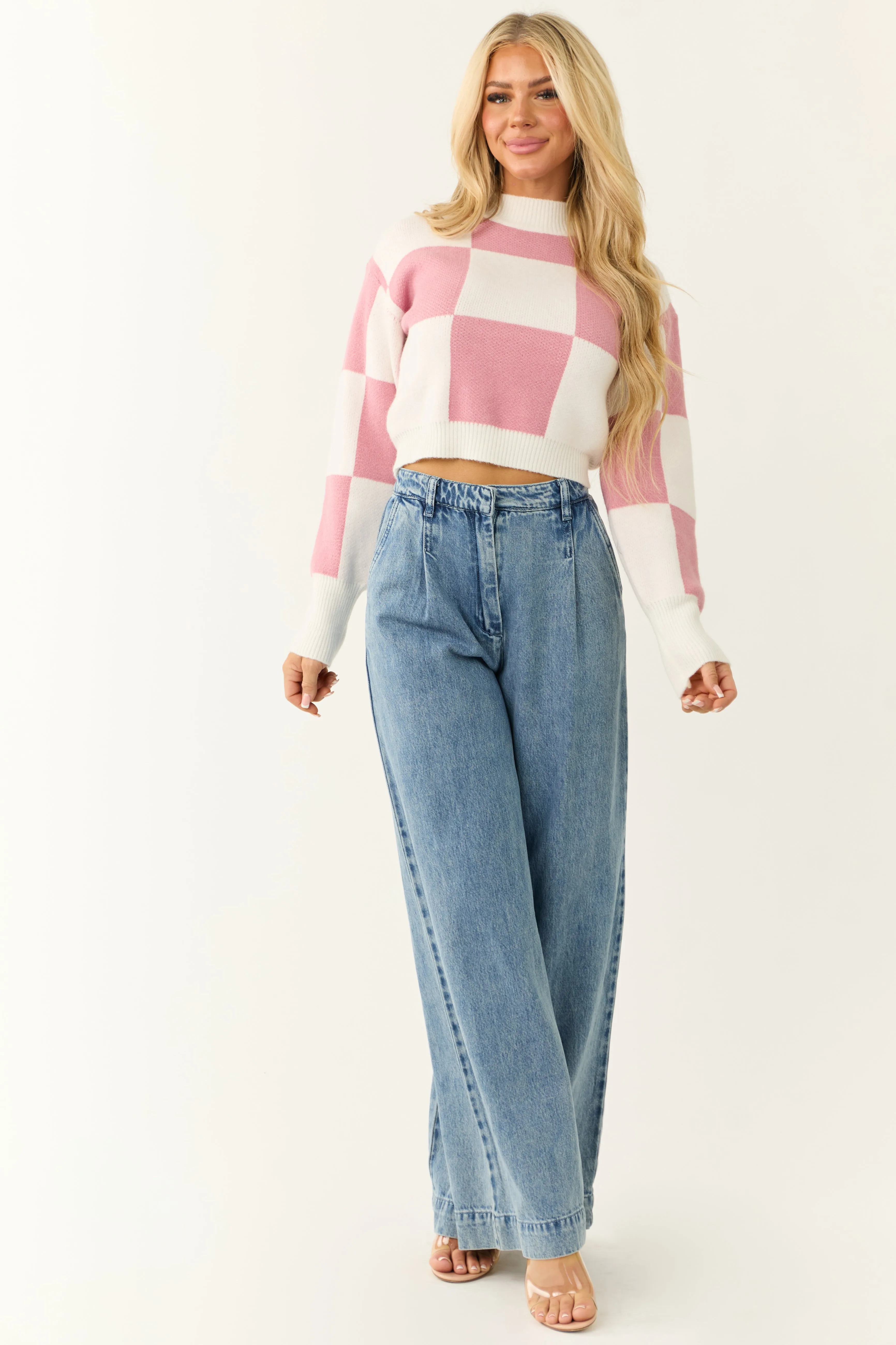 Bubblegum and Ivory Checkered Crop Sweater sold by Lime Lush product image thumbnail 2