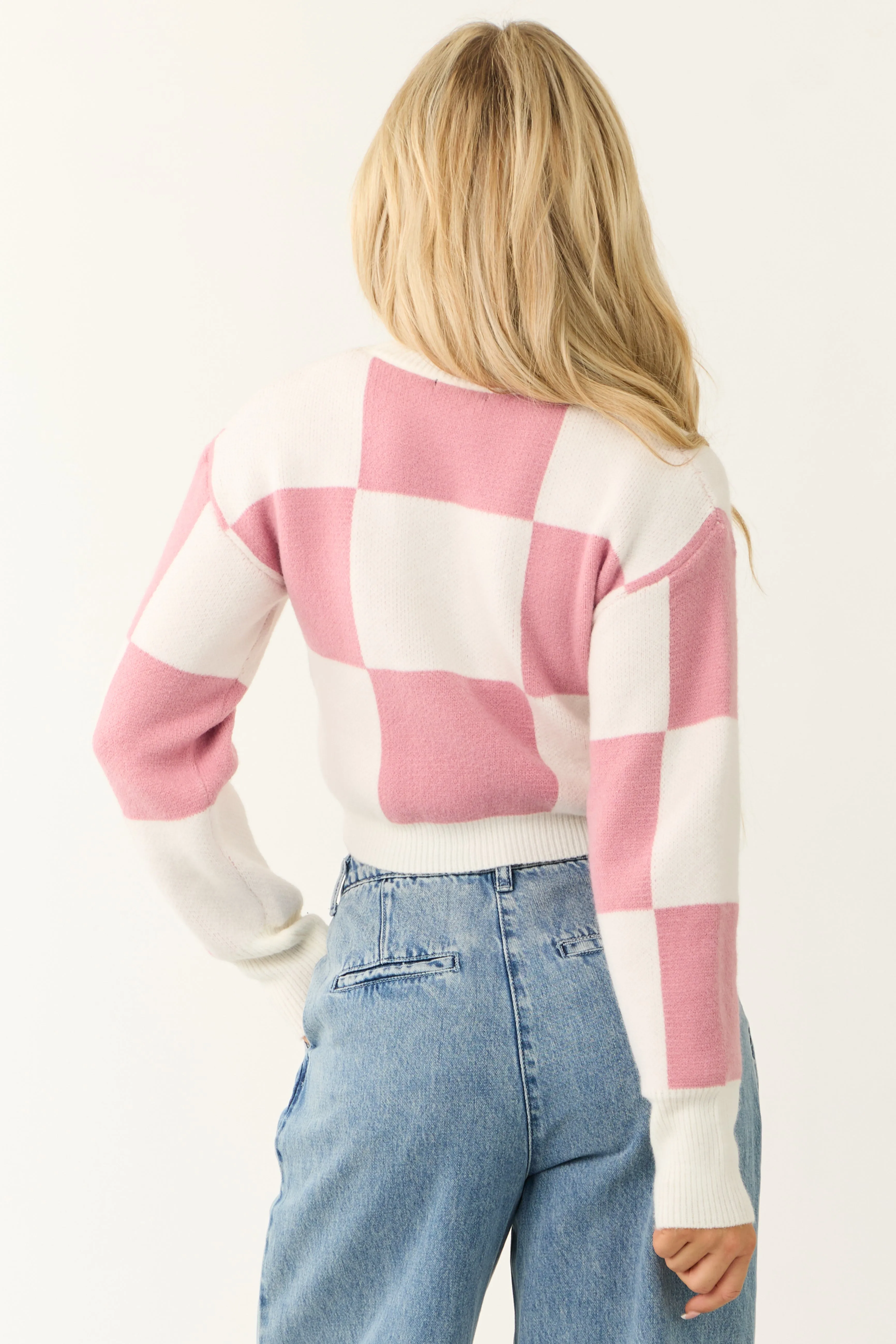 Bubblegum and Ivory Checkered Crop Sweater sold by Lime Lush product image thumbnail 5