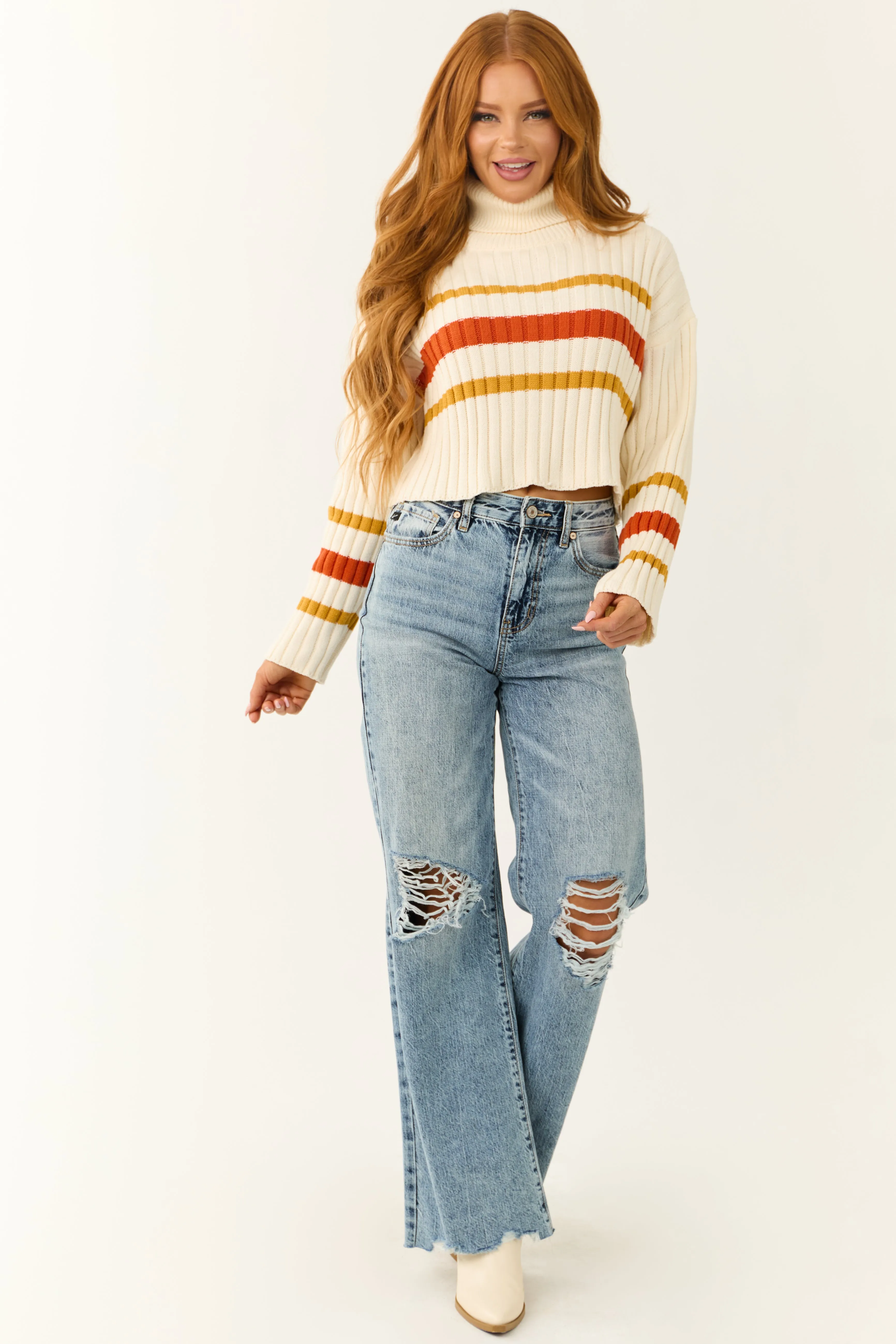 Cream Striped Turtleneck Cropped Sweater sold by Lime Lush product image thumbnail 5