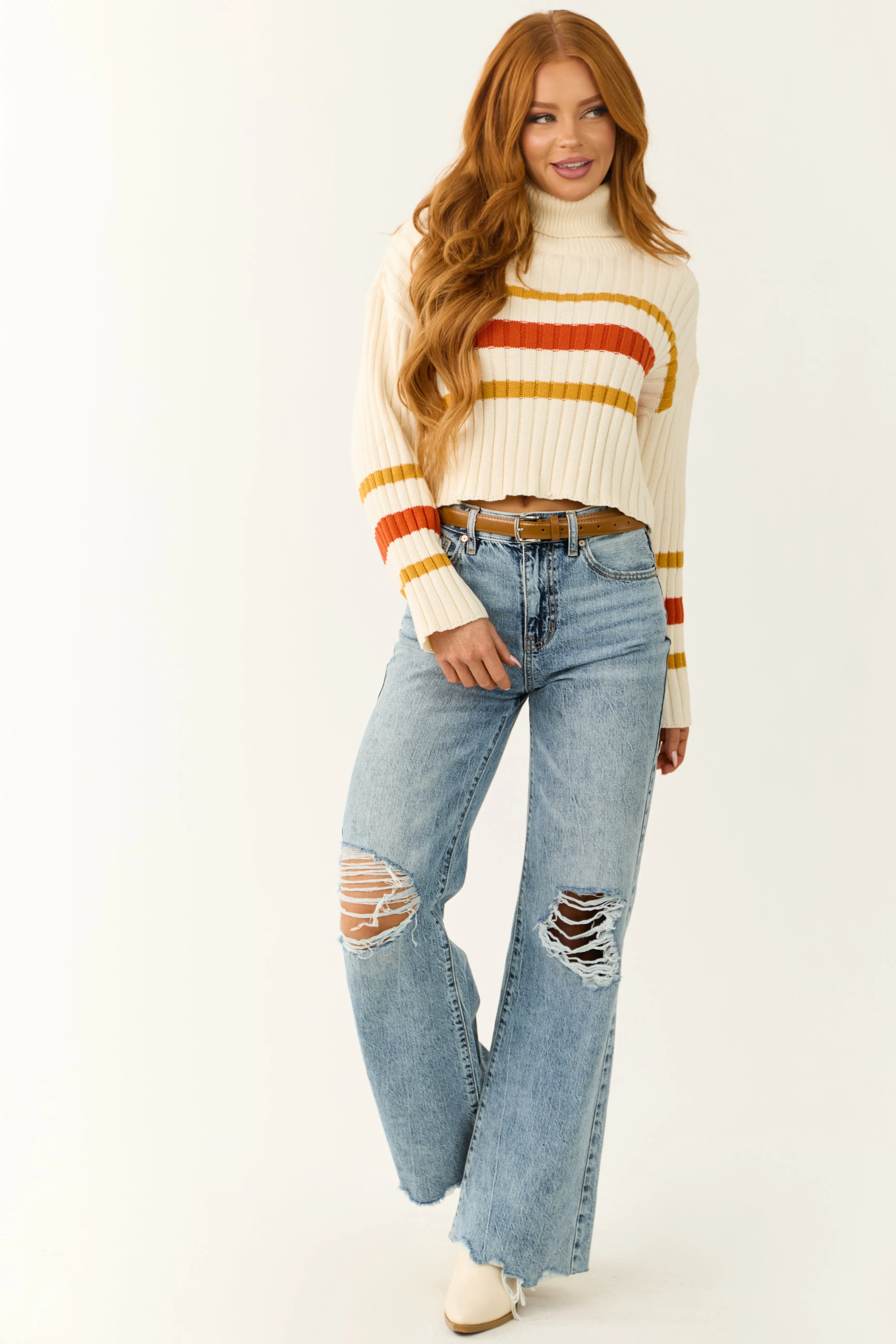 Cream Striped Turtleneck Cropped Sweater sold by Lime Lush product image thumbnail 3