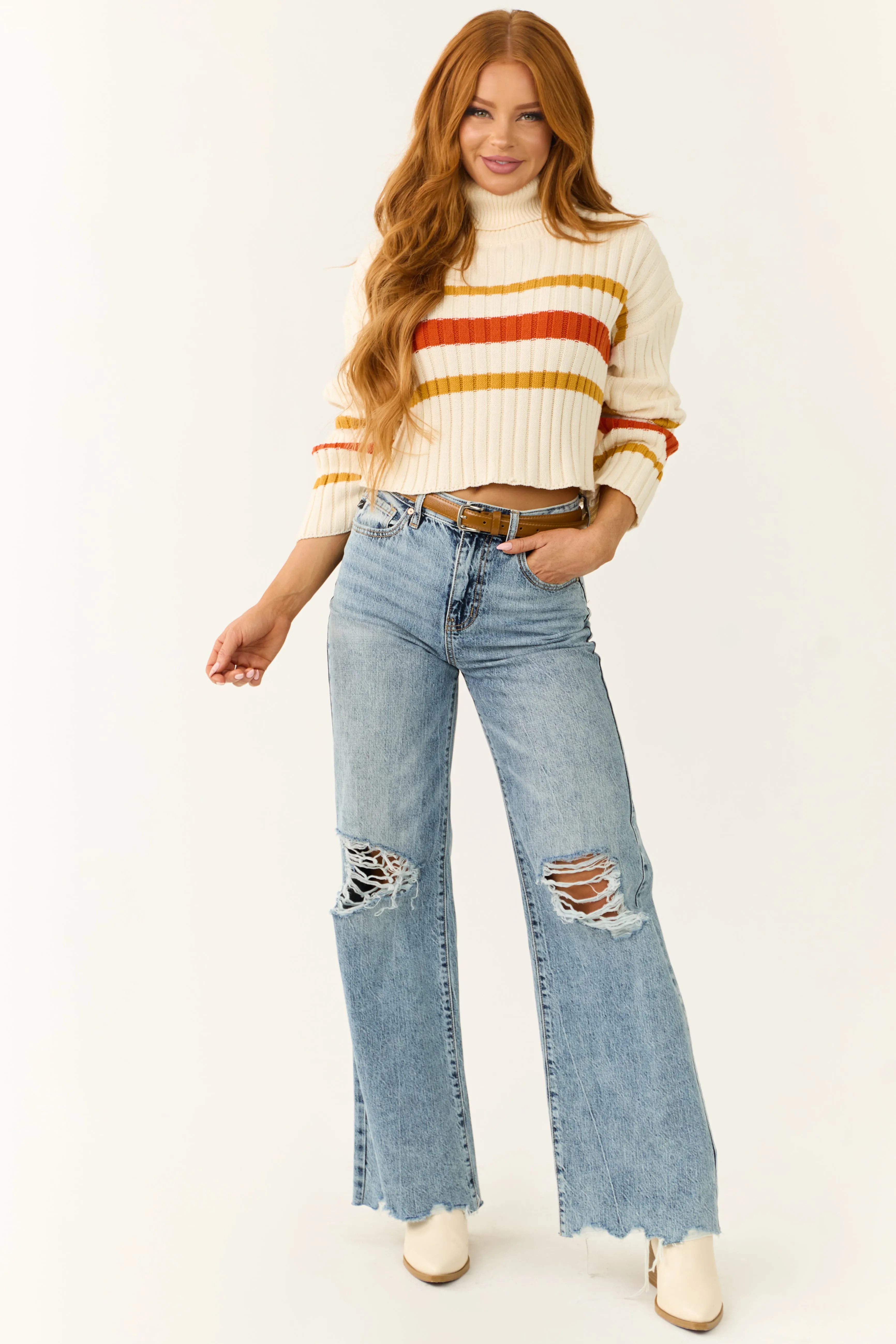 Cream Striped Turtleneck Cropped Sweater sold by Lime Lush product image thumbnail 4