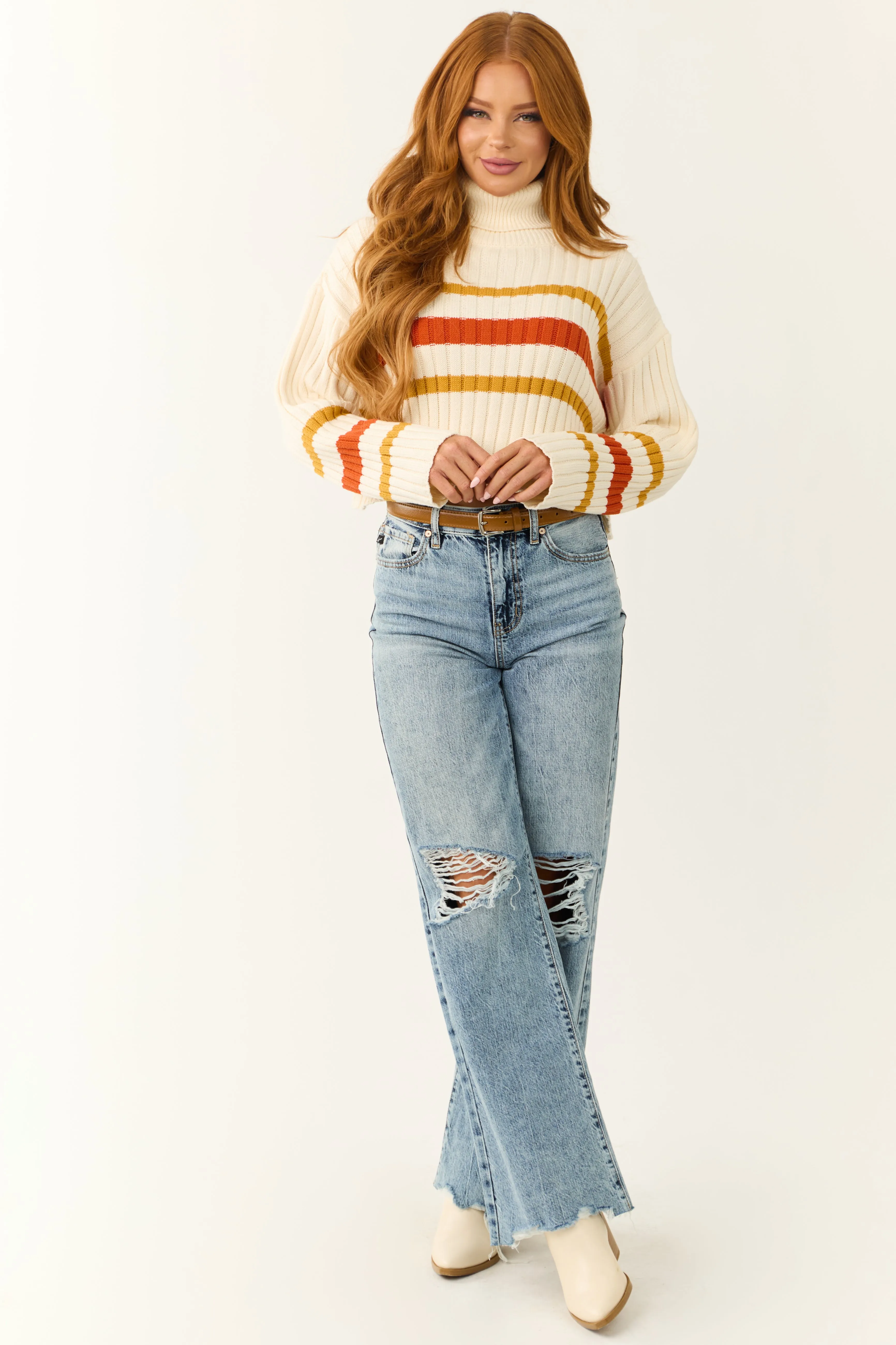 Cream Striped Turtleneck Cropped Sweater sold by Lime Lush product image thumbnail 2