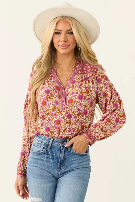 Raspberry Floral Print V Neck Long Sleeve Top sold by Lime Lush
