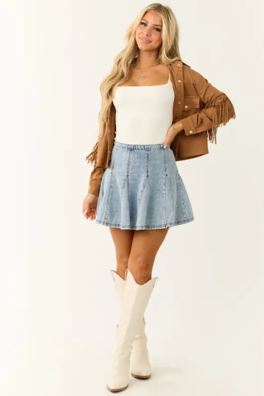 Light Wash Denim Pleated Stitch Detail Mini Skirt sold by Lime Lush