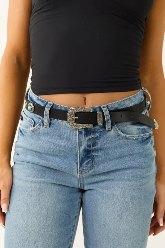 Black Floral Etched Buckle Faux Leather Belt sold by Lime Lush