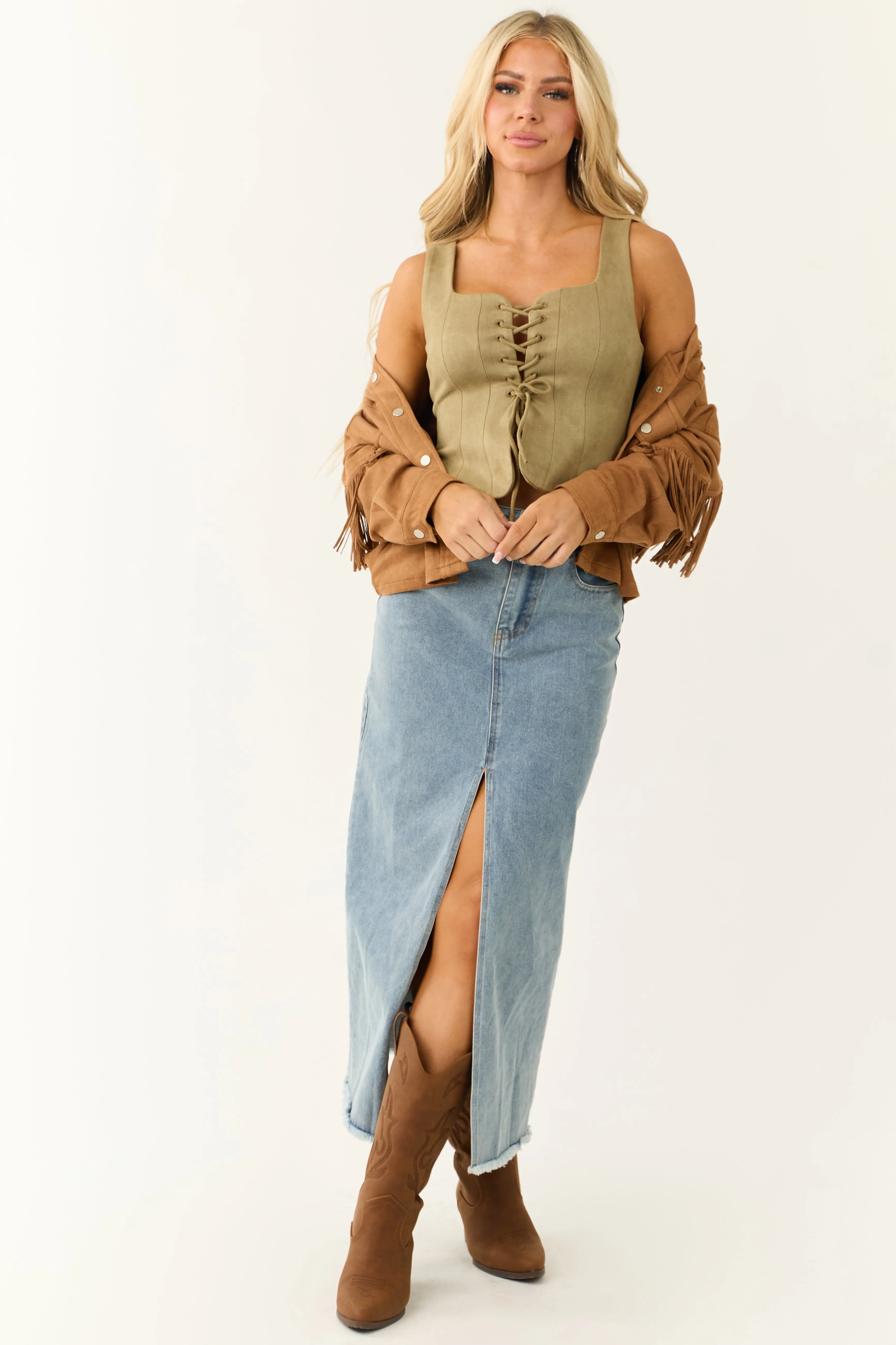 Faded Olive Princess Line Front Tie Cropped Top sold by Lime Lush product image thumbnail 5