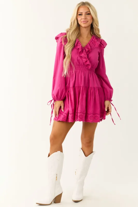 Fuchsia Long Sleeve Eyelet Detail Mini Dress sold by Lime Lush