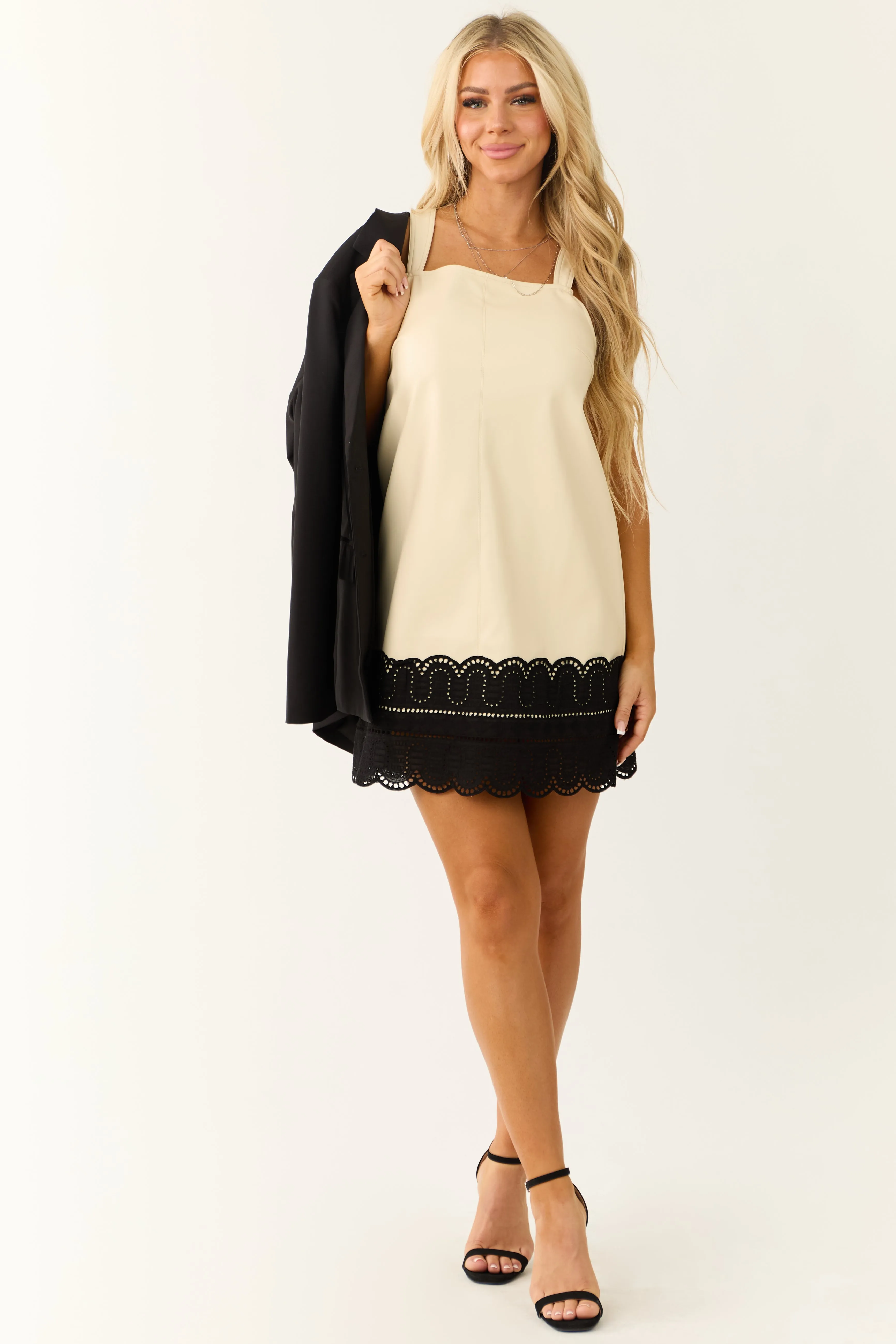 Cream Faux Leather Contrast Lace Hem Mini Dress sold by Lime Lush product image thumbnail 4
