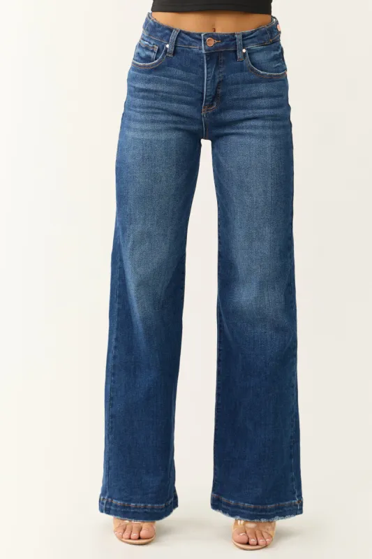 Risen Dark Wash Tummy Control Wide Leg Jeans sold by Lime Lush